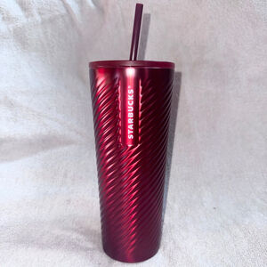 NWT 2022 Starbucks Tumbler Red Spiral Metal Cold Cup Venti 24oz W/Straw